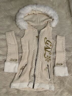 Gyaru brand Hello Angel Girl cream knit setup zip up mini dress with arm warmers